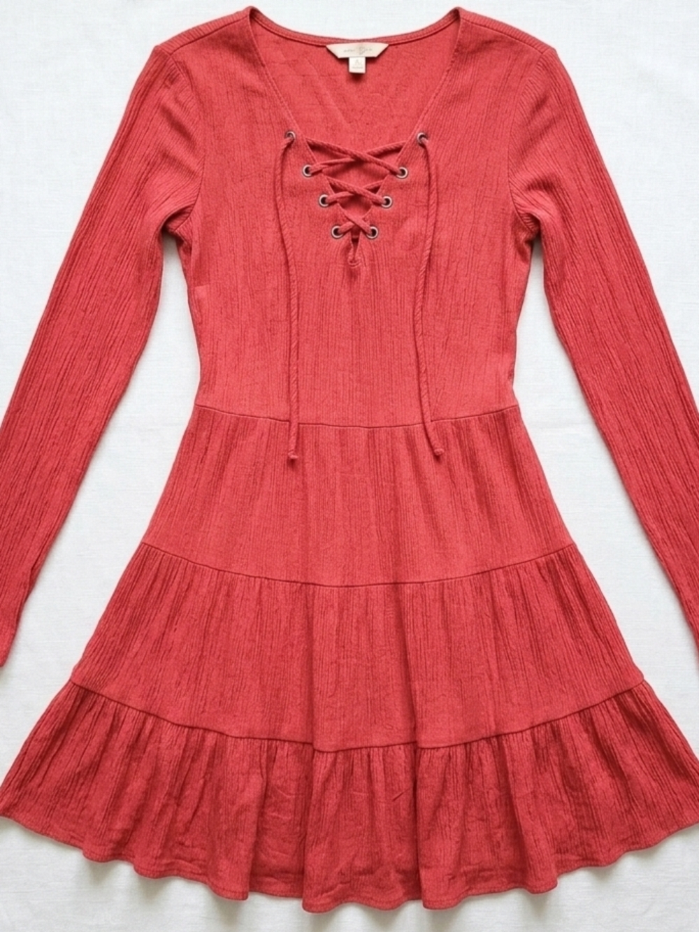Boho Coral Pink Lace Up Flowy Ruffle Trim Long Sleeve Gauze Tierd Dress XS